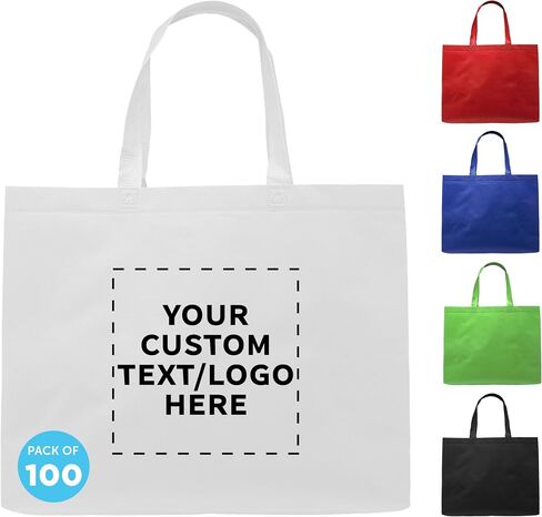 DISCOUNT PROMOS Custom Jumbo Sized Tote Bags Set of 100, Personalized Bulk Pack - Reusable Grocery Bags, Shopping Bags, Promotional Item Totes for Women - White in Saudi Arabia