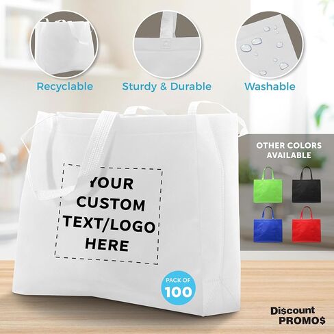 DISCOUNT PROMOS Custom Jumbo Sized Tote Bags Set of 100, Personalized Bulk Pack - Reusable Grocery Bags, Shopping Bags, Promotional Item Totes for Women - White in Saudi Arabia