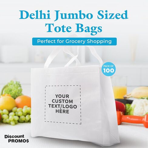DISCOUNT PROMOS Custom Jumbo Sized Tote Bags Set of 100, Personalized Bulk Pack - Reusable Grocery Bags, Shopping Bags, Promotional Item Totes for Women - White in Saudi Arabia