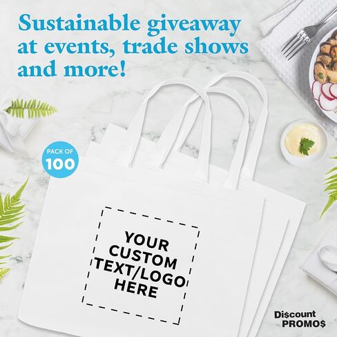 DISCOUNT PROMOS Custom Jumbo Sized Tote Bags Set of 100, Personalized Bulk Pack - Reusable Grocery Bags, Shopping Bags, Promotional Item Totes for Women - White in Saudi Arabia