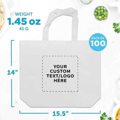 DISCOUNT PROMOS Custom Jumbo Sized Tote Bags Set of 100, Personalized Bulk Pack - Reusable Grocery Bags, Shopping Bags, Promotional Item Totes for Women - White in Saudi Arabia