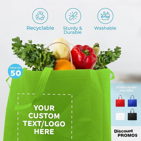 DISCOUNT PROMOS Custom Jumbo Sized Tote Bags Set of 100, Personalized Bulk Pack - Reusable Grocery Bags, Shopping Bags, Promotional Item Totes for Women - White in Saudi Arabia