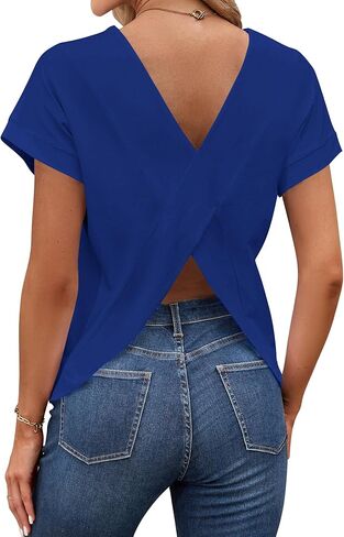 LilyCoco Women's Tie Dye Short Sleeve Shirt Criss Cross Back Tops Casual Loose Tee in Kuwait