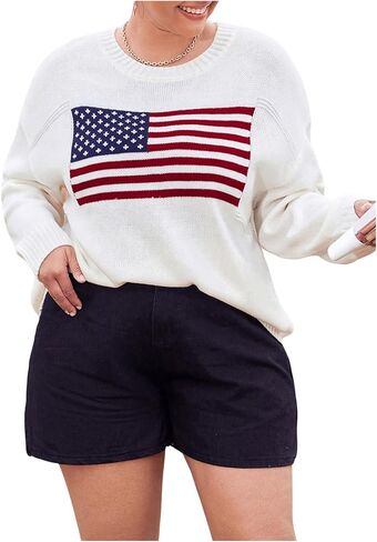Gorglitter Women's Plus Size American Flag Sweater Long Sleeve Round Dound Dound Ribbed Pullover Top in Saudi Arabia