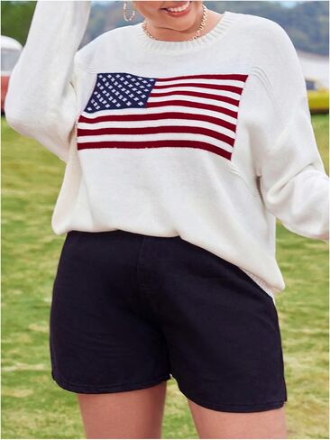Gorglitter Women's Plus Size American Flag Sweater Long Sleeve Round Dound Dound Ribbed Pullover Top in Saudi Arabia