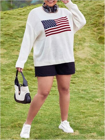 Gorglitter Women's Plus Size American Flag Sweater Long Sleeve Round Dound Dound Ribbed Pullover Top in Saudi Arabia