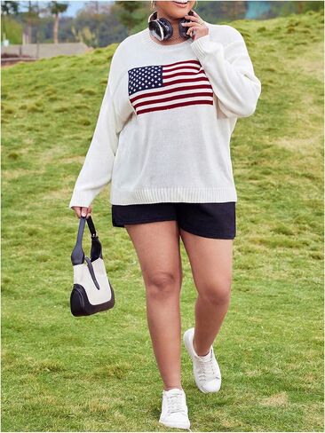 Gorglitter Women's Plus Size American Flag Sweater Long Sleeve Round Dound Dound Ribbed Pullover Top in Saudi Arabia
