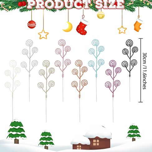 30Pcs Christmas Tree Picks 11.6" Artificial Flowers Branch Stems Christmas Candy Curly Picks for Christmas Tree Wreath Crafts Fillers Party Home Holiday Arrangement in Saudi Arabia