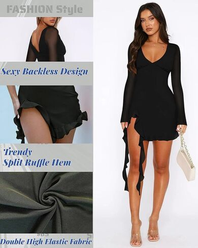 Doweha Women's Sexy Bell Long Sleeve Ruffle Slit Mini Mesh Dress Summer V Neck Backless Bodycon Short Party Cocktail Dress in Kuwait