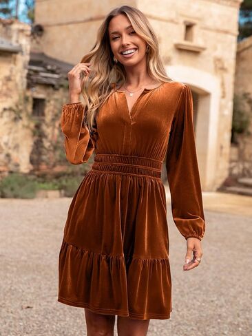 Womens Velvet Dress 2025 Fall Cocktail Long Sleeve Empire V Neck Wedding Guest Holiday Mini Dresses with Pockets in Saudi Arabia