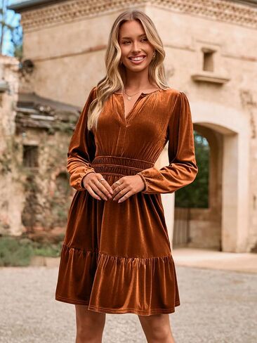 Womens Velvet Dress 2025 Fall Cocktail Long Sleeve Empire V Neck Wedding Guest Holiday Mini Dresses with Pockets in Saudi Arabia