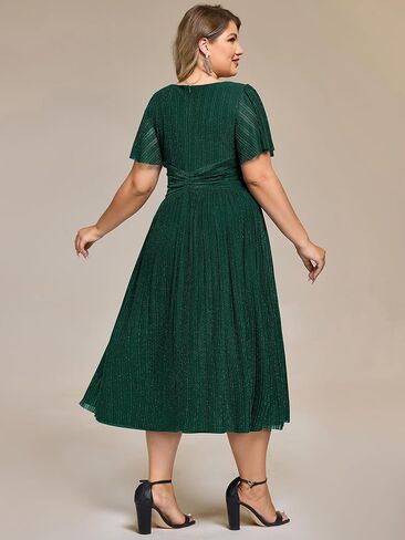 Ever-Pretty Plus Women's V Neck Short Sleeves A Line Glitter Midi Plus Size Formal Wedding Guest Dresses in Saudi Arabia