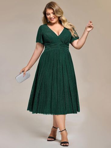 Ever-Pretty Plus Women's V Neck Short Sleeves A Line Glitter Midi Plus Size Formal Wedding Guest Dresses in Saudi Arabia