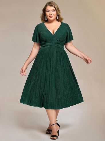 Ever-Pretty Plus Women's V Neck Short Sleeves A Line Glitter Midi Plus Size Formal Wedding Guest Dresses in Saudi Arabia