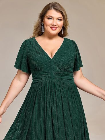 Ever-Pretty Plus Women's V Neck Short Sleeves A Line Glitter Midi Plus Size Formal Wedding Guest Dresses in Saudi Arabia