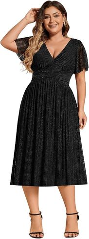 Ever-Pretty Plus Women's V Neck Short Sleeves A Line Glitter Midi Plus Size Formal Wedding Guest Dresses in Saudi Arabia