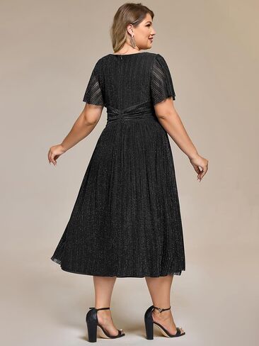 Ever-Pretty Plus Women's V Neck Short Sleeves A Line Glitter Midi Plus Size Formal Wedding Guest Dresses in Saudi Arabia
