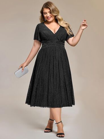 Ever-Pretty Plus Women's V Neck Short Sleeves A Line Glitter Midi Plus Size Formal Wedding Guest Dresses in Saudi Arabia