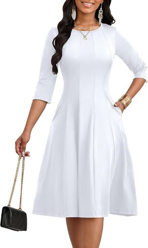 فساتين MIDI غير الرسمية للنساء لنساء وملاءة كنيسة أنيقة 3/4 فستان رقبة طاقم الأكمام مع جيب in Kuwait