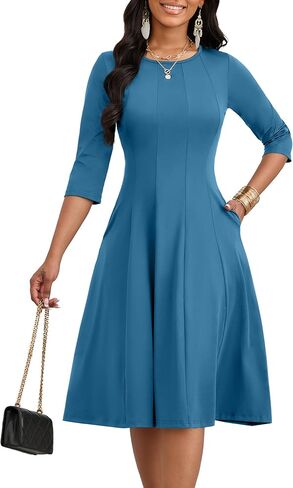 فساتين MIDI غير الرسمية للنساء لنساء وملاءة كنيسة أنيقة 3/4 فستان رقبة طاقم الأكمام مع جيب in Kuwait