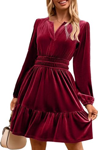 Womens Velvet Dress 2025 Fall Cocktail Long Sleeve Empire V Neck Wedding Guest Holiday Mini Dresses with Pockets in Saudi Arabia