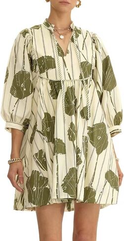 النساء الأزهار Babydoll Mini Dress v العنق 3/4 أكمام نفخة in Saudi Arabia