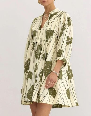 النساء الأزهار Babydoll Mini Dress v العنق 3/4 أكمام نفخة in Saudi Arabia
