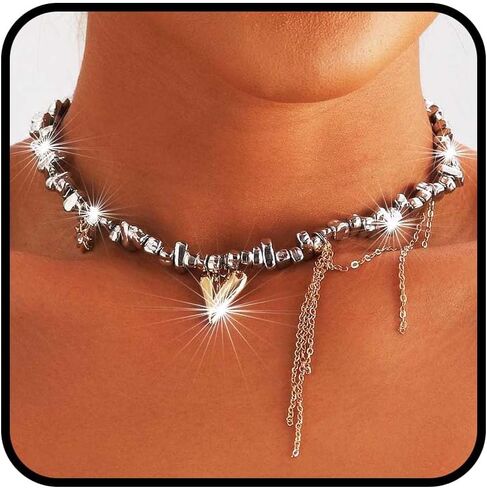 Punk Choker Necklace for Women Silver Star Chain Choker Heart Y2K Grunge Necklaces Goth Rivet Layered Choker Rhinestone Jewelry Gifts in Saudi Arabia