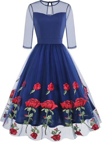 IMEKIS Women Vintage 1950s Rose Dress Mesh 3/4 Sleeve Embroidered Floral Swing Dress Illusion Round Neck Cocktail Dress in Saudi Arabia