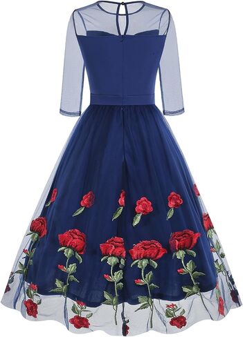 IMEKIS Women Vintage 1950s Rose Dress Mesh 3/4 Sleeve Embroidered Floral Swing Dress Illusion Round Neck Cocktail Dress in Saudi Arabia