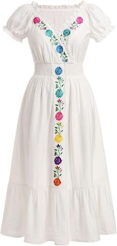 Idopip Women Mexican Dress Short Sleeve Floral Dressed Dressive Discal Boho Shuffle Midi Dress Vestidos tipicos mexicanos in Saudi Arabia