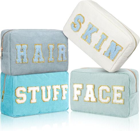 Pinkunn 4 Pcs Preppy Makeup Bags Chenille Letter Travel Organizer Face Skin Hair Stuff Corduroy Cosmetic Hygiene Toiletry Pouch with Zipper Wedding Birthday Gifts for Women(Blue Series Colors) in Saudi Arabia