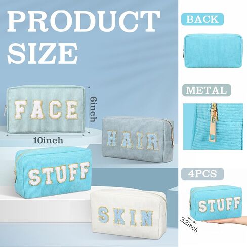 Pinkunn 4 Pcs Preppy Makeup Bags Chenille Letter Travel Organizer Face Skin Hair Stuff Corduroy Cosmetic Hygiene Toiletry Pouch with Zipper Wedding Birthday Gifts for Women(Blue Series Colors) in Saudi Arabia