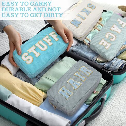 Pinkunn 4 Pcs Preppy Makeup Bags Chenille Letter Travel Organizer Face Skin Hair Stuff Corduroy Cosmetic Hygiene Toiletry Pouch with Zipper Wedding Birthday Gifts for Women(Blue Series Colors) in Saudi Arabia