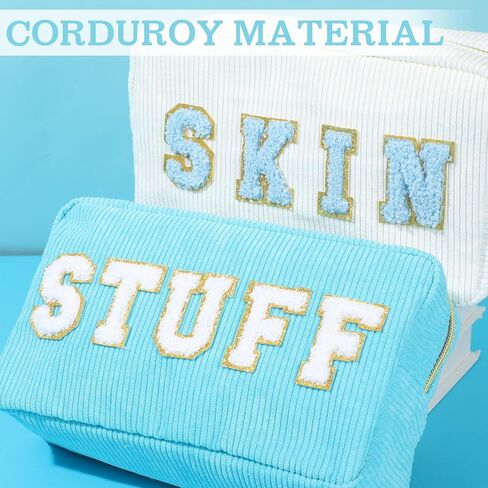 Pinkunn 4 Pcs Preppy Makeup Bags Chenille Letter Travel Organizer Face Skin Hair Stuff Corduroy Cosmetic Hygiene Toiletry Pouch with Zipper Wedding Birthday Gifts for Women(Blue Series Colors) in Saudi Arabia