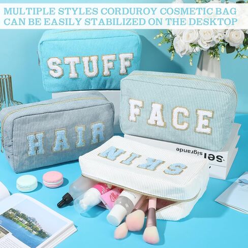 Pinkunn 4 Pcs Preppy Makeup Bags Chenille Letter Travel Organizer Face Skin Hair Stuff Corduroy Cosmetic Hygiene Toiletry Pouch with Zipper Wedding Birthday Gifts for Women(Blue Series Colors) in Saudi Arabia