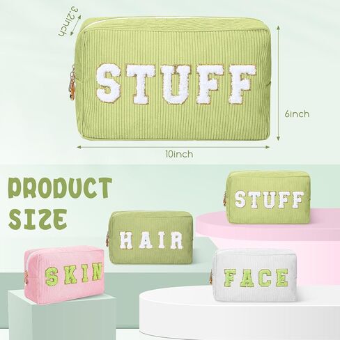 Pinkunn 4 Pcs Preppy Makeup Bags Chenille Letter Travel Organizer Face Skin Hair Stuff Corduroy Cosmetic Hygiene Toiletry Pouch with Zipper Wedding Birthday Gifts for Women(Blue Series Colors) in Saudi Arabia