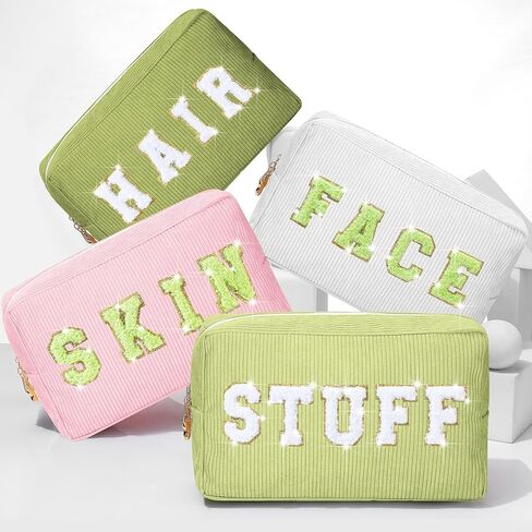 Pinkunn 4 Pcs Preppy Makeup Bags Chenille Letter Travel Organizer Face Skin Hair Stuff Corduroy Cosmetic Hygiene Toiletry Pouch with Zipper Wedding Birthday Gifts for Women(Blue Series Colors) in Saudi Arabia