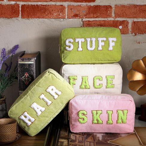 Pinkunn 4 Pcs Preppy Makeup Bags Chenille Letter Travel Organizer Face Skin Hair Stuff Corduroy Cosmetic Hygiene Toiletry Pouch with Zipper Wedding Birthday Gifts for Women(Blue Series Colors) in Saudi Arabia