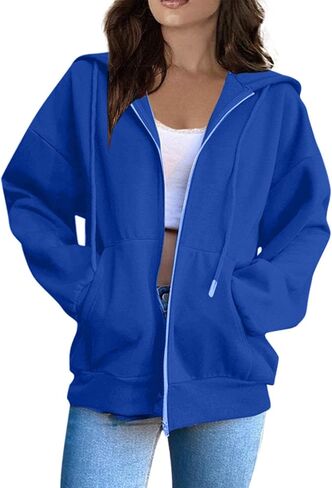 Oversized Zip Up Hoodies Women Y2k Drawstring Fleece Jacket Preppy Hooded Sweatshirts Fall Winter Clothes with Pockets in Saudi Arabia