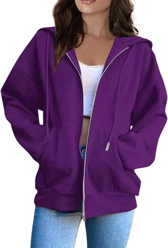 Oversized Zip Up Hoodies Women Y2k Drawstring Fleece Jacket Preppy Hooded Sweatshirts Fall Winter Clothes with Pockets in Saudi Arabia