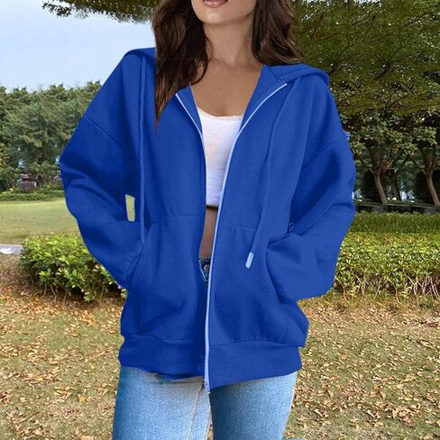 Oversized Zip Up Hoodies Women Y2k Drawstring Fleece Jacket Preppy Hooded Sweatshirts Fall Winter Clothes with Pockets in Saudi Arabia