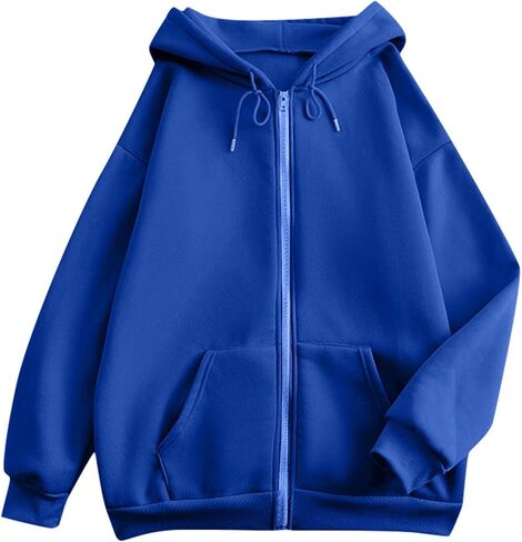 Oversized Zip Up Hoodies Women Y2k Drawstring Fleece Jacket Preppy Hooded Sweatshirts Fall Winter Clothes with Pockets in Saudi Arabia