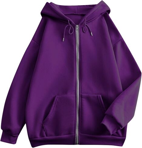 Oversized Zip Up Hoodies Women Y2k Drawstring Fleece Jacket Preppy Hooded Sweatshirts Fall Winter Clothes with Pockets in Saudi Arabia