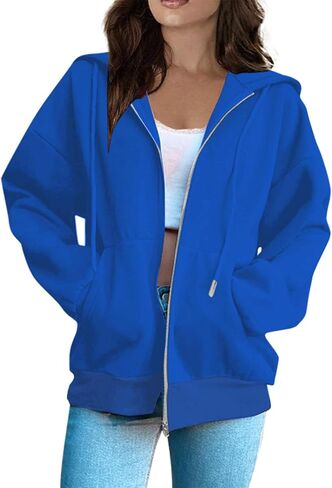 Oversized Zip Up Hoodies Women Y2k Drawstring Fleece Jacket Preppy Hooded Sweatshirts Fall Winter Clothes with Pockets in Saudi Arabia