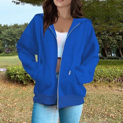 Oversized Zip Up Hoodies Women Y2k Drawstring Fleece Jacket Preppy Hooded Sweatshirts Fall Winter Clothes with Pockets in Saudi Arabia