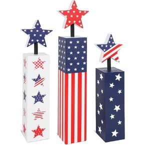 COCHIE 4th of July Decorations Set, Red White Blue Decor, Wooden Patriotic Memorial Day Tiered Tray Decor, Labor Day Decorations, Fourth of July Decoration for Home Office Table (Flag Printed) in Kuwait