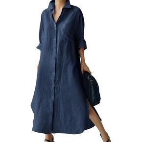 chouyatou Women's Spring Button Down Cotton Shirt Dress Summer Flowy Side Slit Maxi Shift Dress in Saudi Arabia