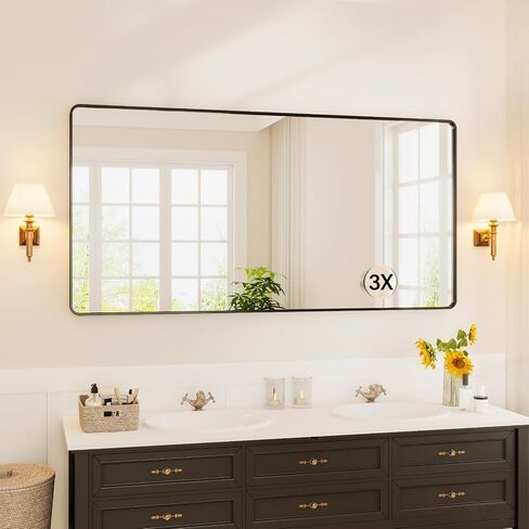 72X36 Inch Black Metal Framed Bathroom Mirror for Wall, Rounded Rectangle Mirror, Matte Black Bathroom Vanity Mirror, Environmentally Friendly Resin Mirror, Anti-Rust in Saudi Arabia