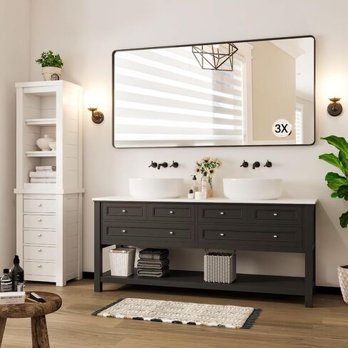 72X36 Inch Black Metal Framed Bathroom Mirror for Wall, Rounded Rectangle Mirror, Matte Black Bathroom Vanity Mirror, Environmentally Friendly Resin Mirror, Anti-Rust in Saudi Arabia